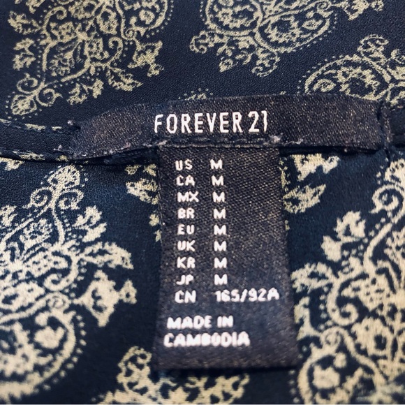 Forever 21 Black with Green Print Cross Tie Front Long Sleeve Blouse M - Picture 4 of 6